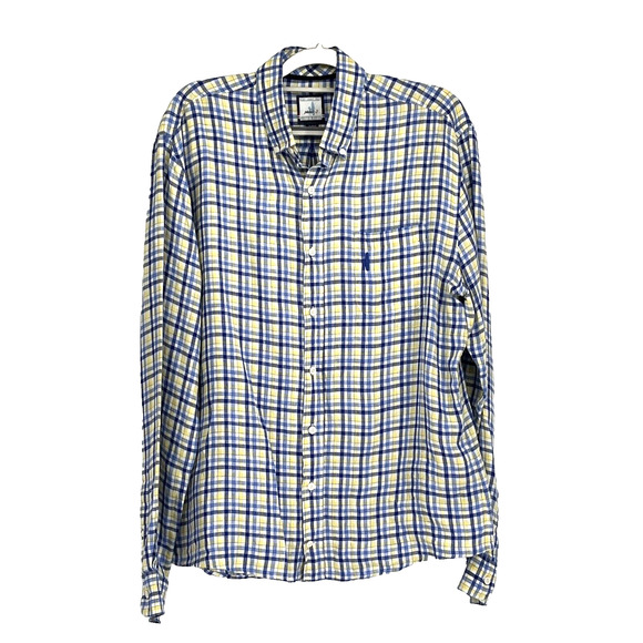 JOHNNIE-O Linen Button Down Shirt XL West Coast Prep Nautical Blue Plaid - Picture 2 of 10
